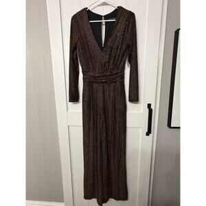Boston Proper glitter v-neck long sleeve  jumpsuit in black & gold sz XS NWT